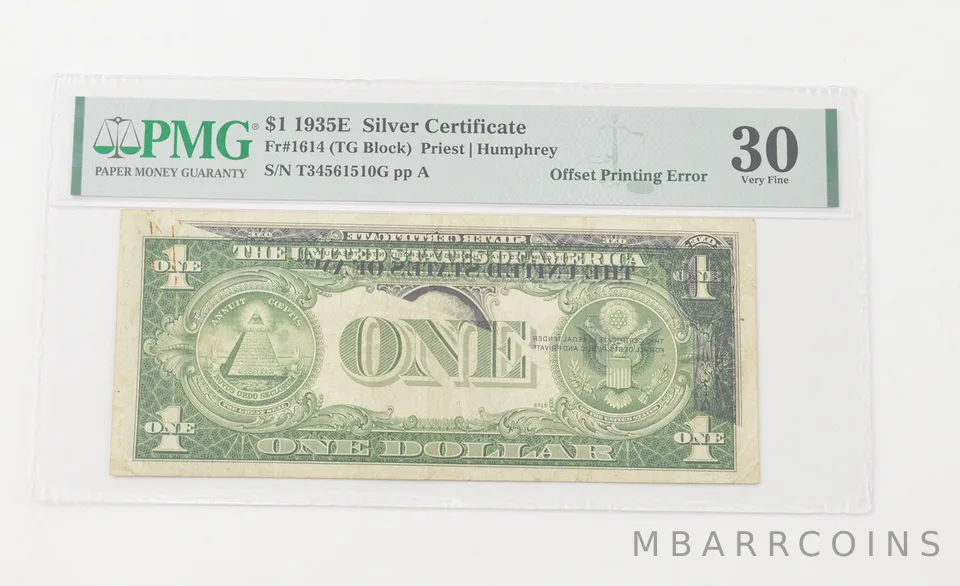 VF30 1935-E $1 Silver Certificate - FR#1614 (TG Block) Printing Error PMG a6560