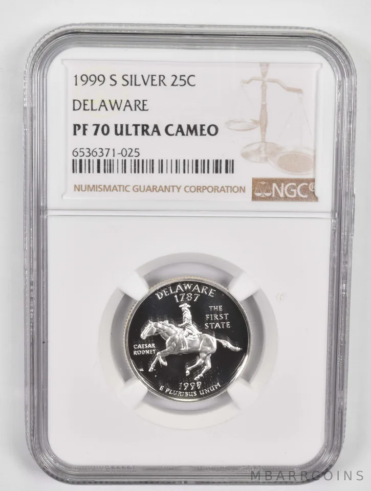 1999-S PF70 UCAM Delaware Quarter NGC SILVER Brown Lbl