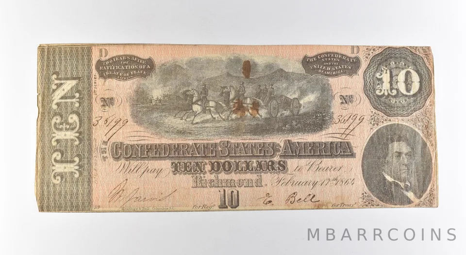 1864 $10 Confederate States Of America Large Note *3162