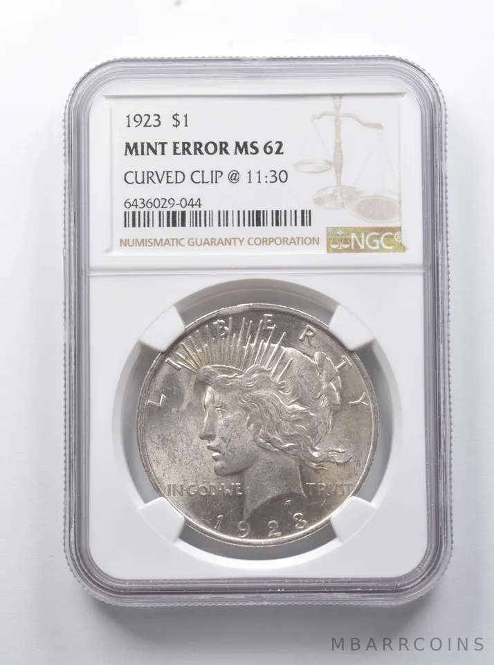 Error MS62 1923 Peace Silver Dollar Curved Clip @ 11:30 NGC *7894