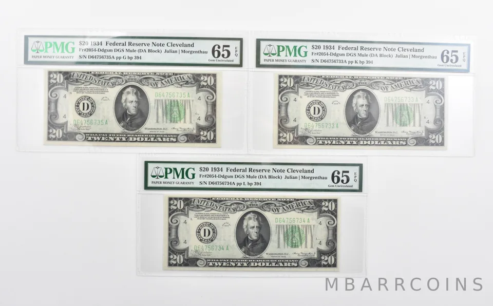 Lot (3) PMG 65 EPQ 1934 $20 FRN Consecutive Notes Fr#2054-Ddgsm *1147