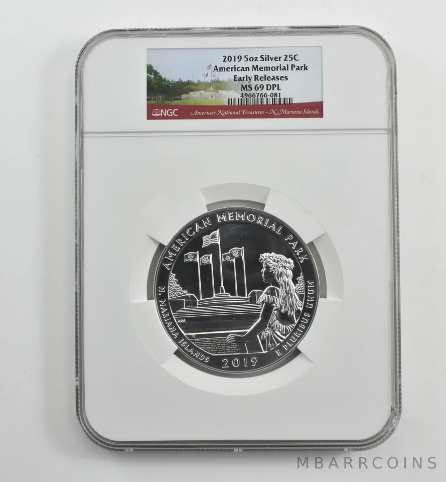 2019 5 Oz Silver Quarter ATB American Memorial Park ER MS69 DPL NGC *1543