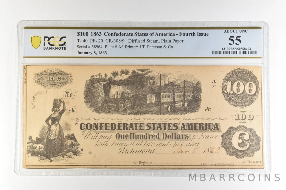 1863 $100 Confederate States America T-40 PF-20 CR-308/9 AU 55 PCGS *4458