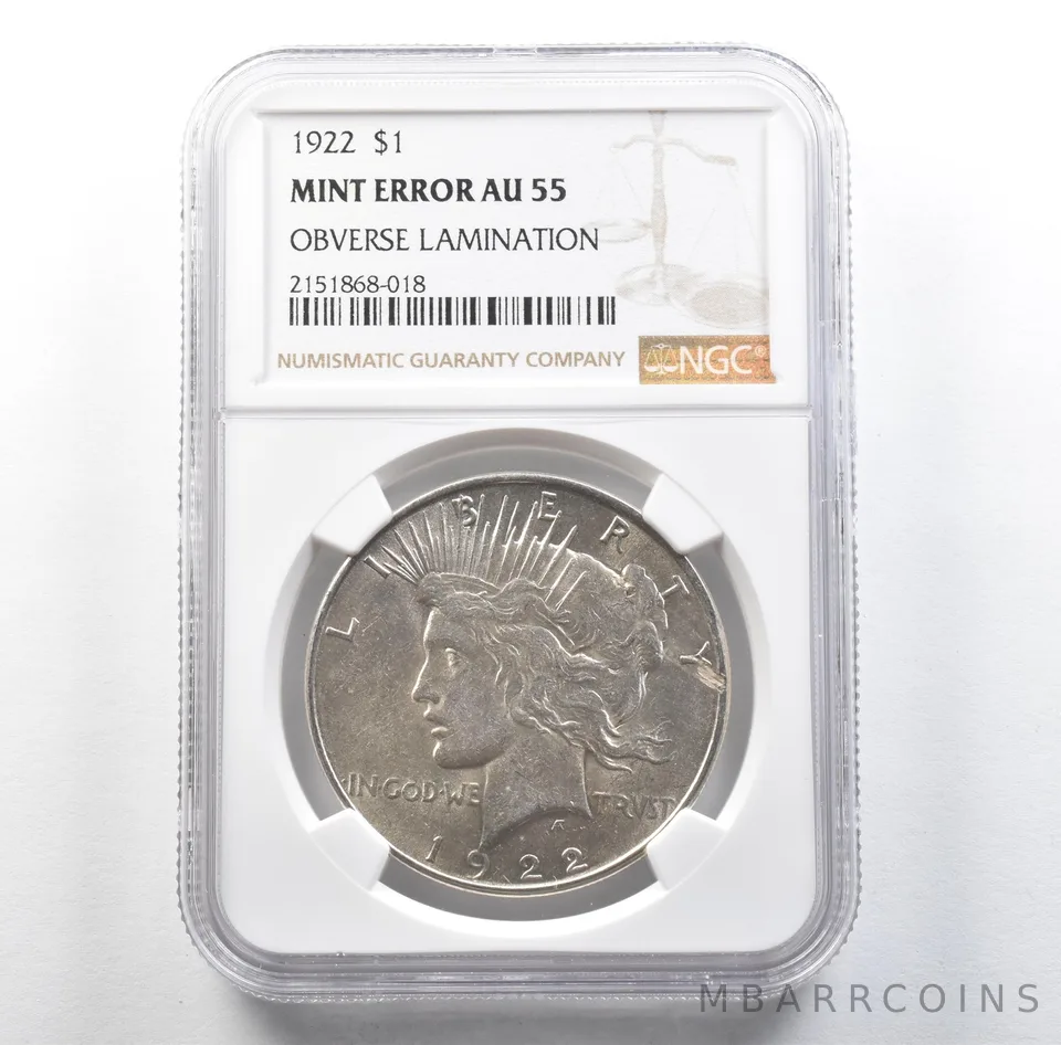 1922 Peace Silver Dollar Mint Error Obverse Lamination AU55 NGC *3141