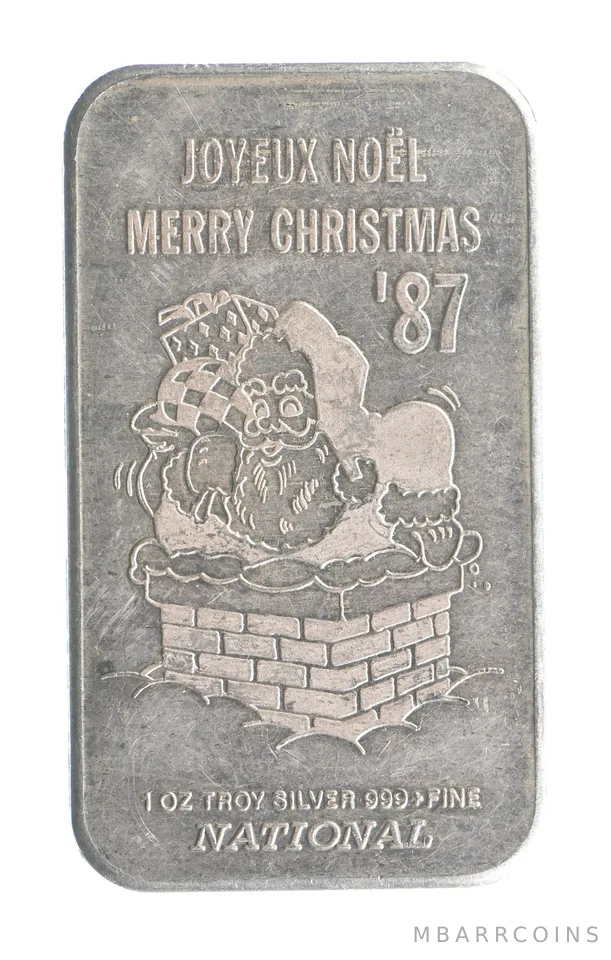 1987 1 Troy Oz Silver Bar Merry Christmas National Canada *4216