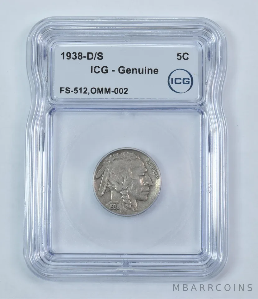 Error 1938-D/S Indian Head Buffalo Nickel FS-512 OMM-002 Genuine ICG *9258
