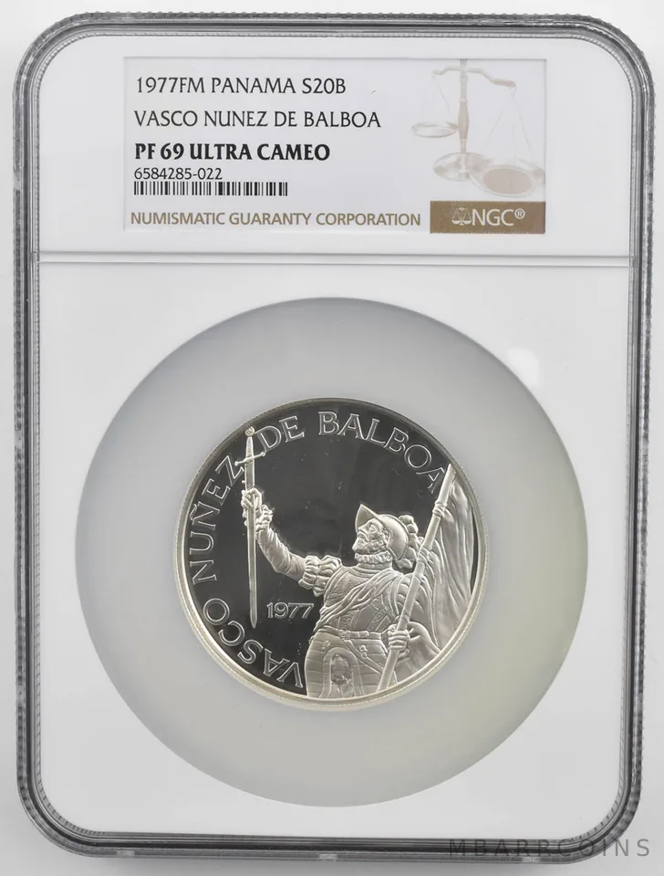 1977 FM Panama 20 Balboas Vasco Nunez De Balboa Silver PF69 NGC Brown Lbl