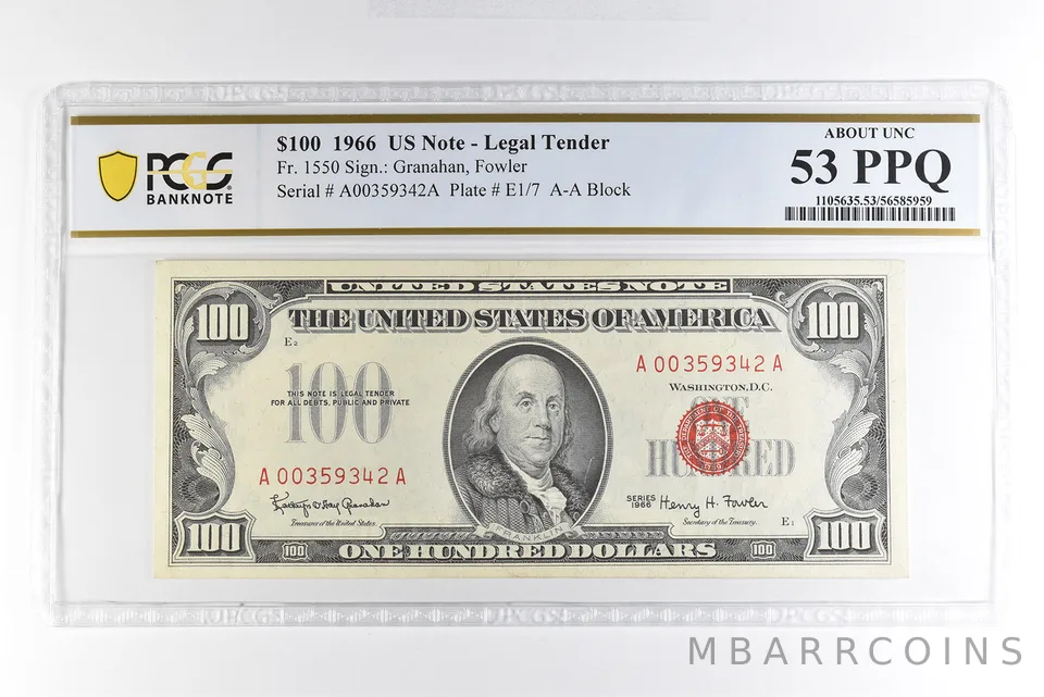 1966 $100 US Legal Tender Note Fr#1550 About Unc 53 PPQ PCGS *4981