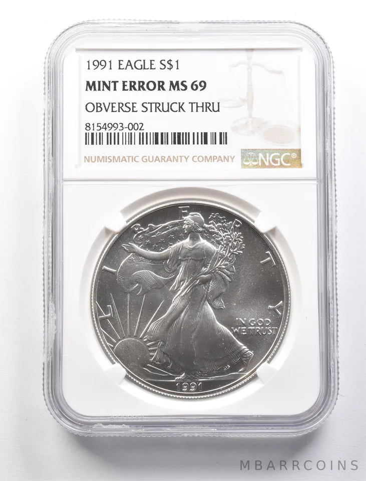 1991 American Silver Eagle Mint Error MS69 Obverse Struck Thru NGC a2649