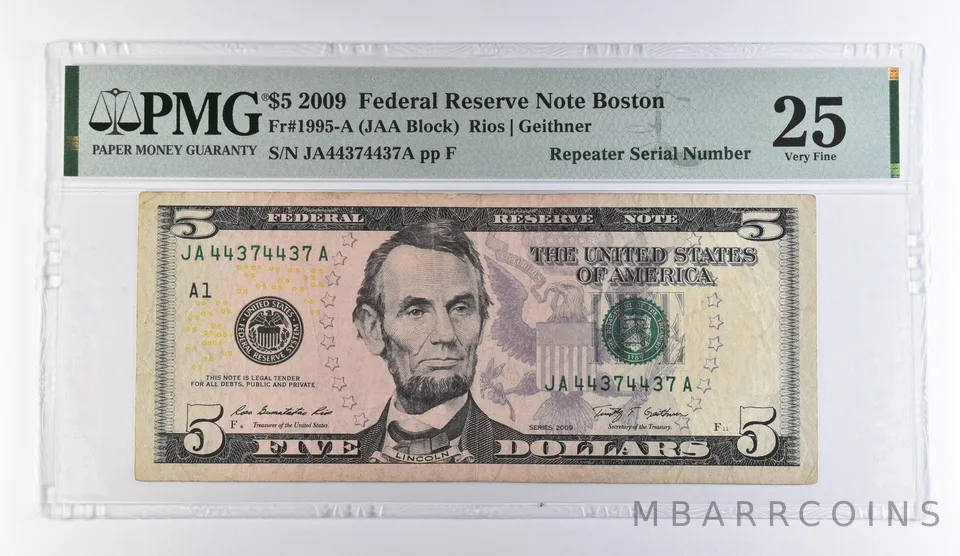 2009 $5 Boston MA FRN Repeater S/N Fr#1995-A VF 25 PMG *9453