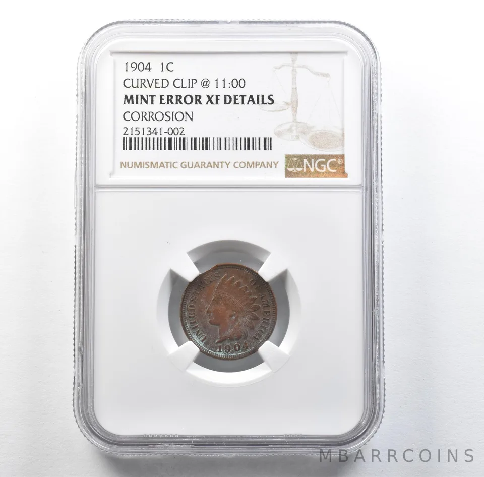 1904 Indian Head Cent Mint Error Curved Clip @ 11:00 XF Details NGC *3122