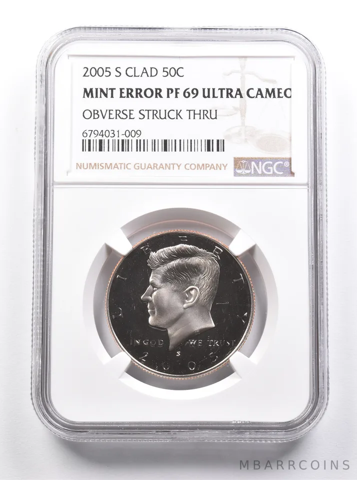 PF69 UCAM 2005-S CLAD Kennedy Half Dollar Mint Error OBV Struck Thru NGC a7479