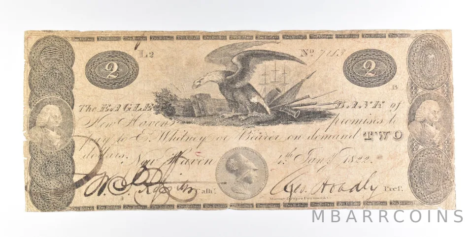 1822 $2 New Haven CT Eagle Bank Obsolete Note *0235