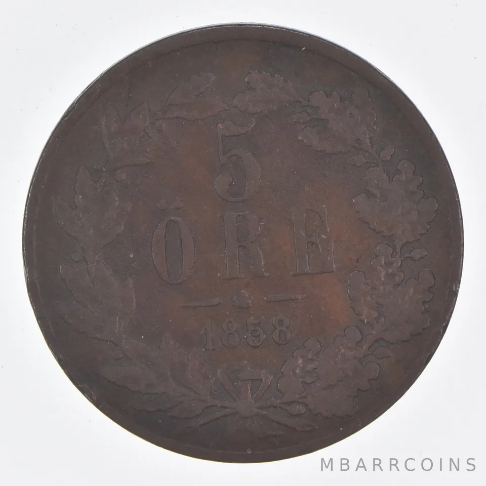 Better Date - 1858 Sweden 5 Ore World Coin- Silver *484