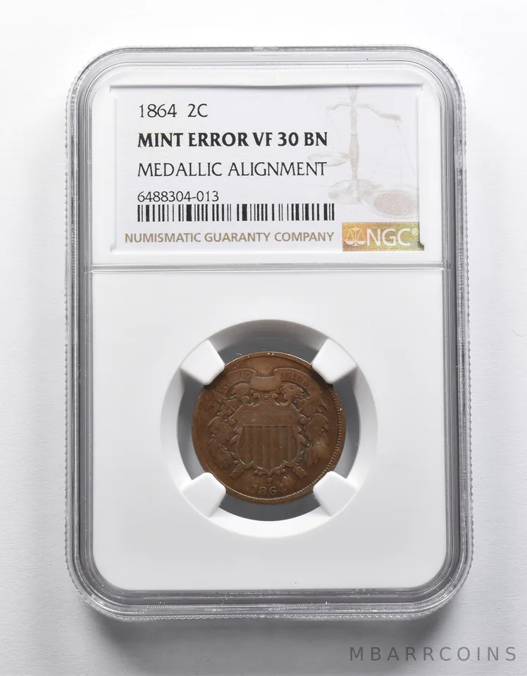 Mint Error VF30 BN 1864 Union Shield Two-Cent Piece Medallic Alignment NGC a1950
