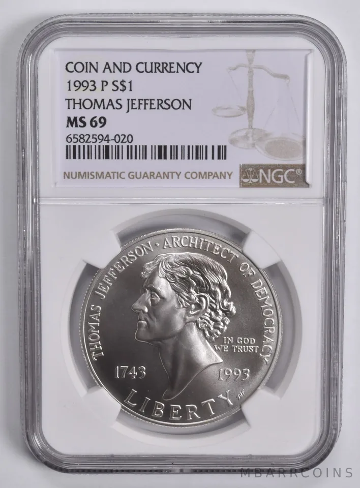 1993-P Jefferson Commem. Silver Dollar Coin & Currency MS69 NGC Brown Lbl