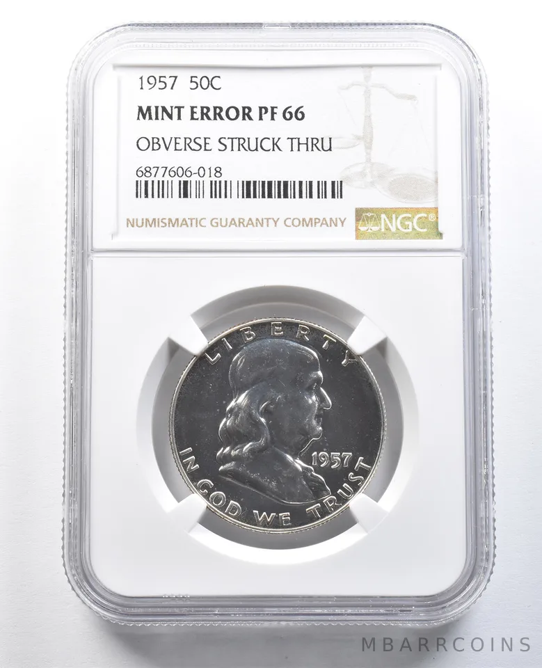1957 Franklin Half Dollar Mint Error Obverse Struck Thru PF66 NGC *8238