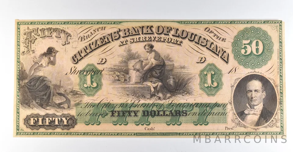 1800s $50 Shreveport LA Citizens Bank Obsolete Note *8329