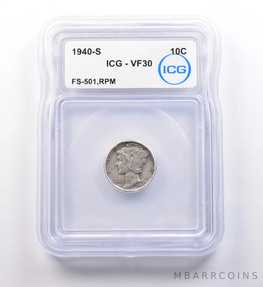 1940-S Mercury Dime FS-501 RPM VF30 ICG *9728