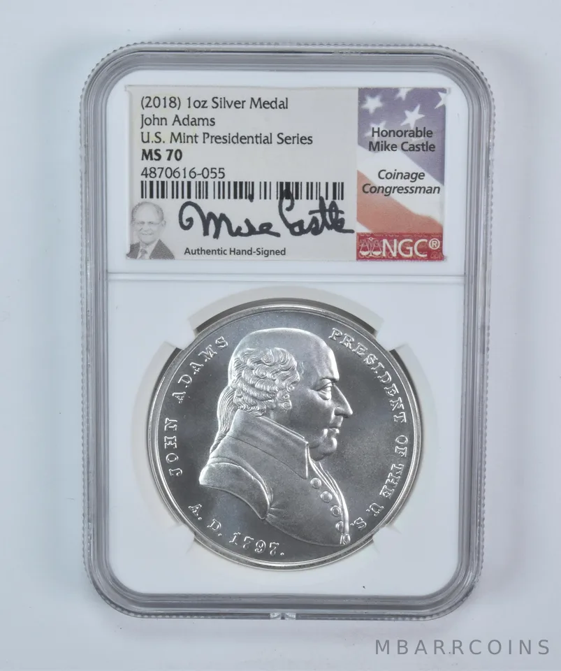 (2018) 1 Oz Silver Presidential Medal John Adams Mike Castle MS70 NGC a5716