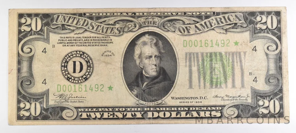 1934 $20 Cleveland OH FRN Star Note Light Green Seal a3397