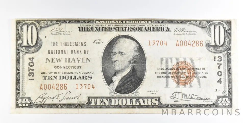 1929 $10 New Haven CT National Currency Note CH 13704 *0212