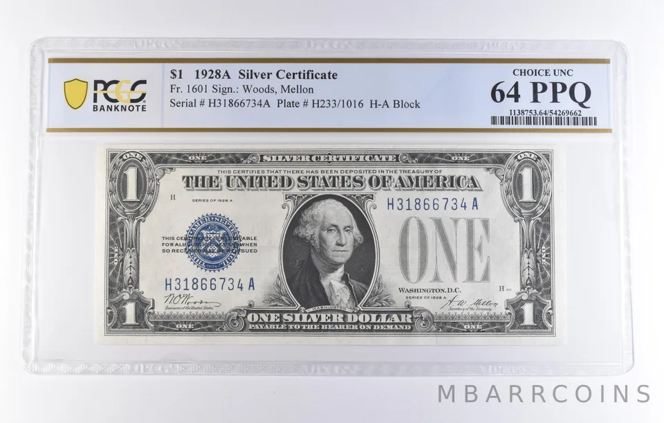 1928 A $1 Silver Certificate Fr#1601 Choice Unc 64 PPQ PCGS *8319