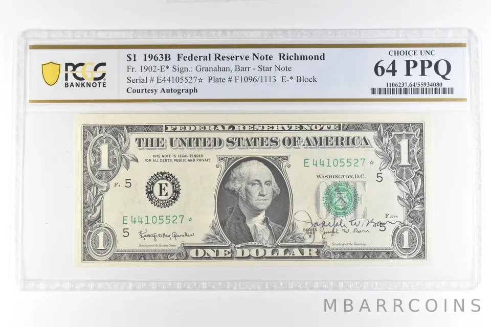 1963 B $1 VA FRN Star Note Courtesy Autograph Fr#1902-E* 64 PPQ PCGS *7313