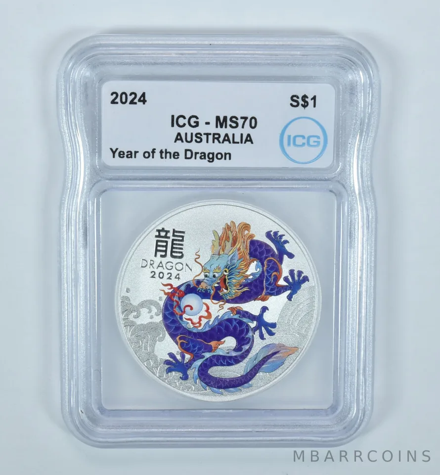 2024 Australia Silver Dollar Year Of The Dragon Purple Colorized MS70 ICG