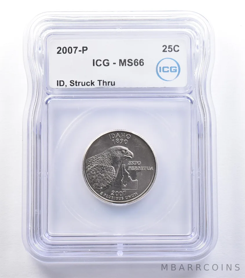 2007-P Washington State Quarter Idaho Mint Error Struck Thru MS66 ICG *9583