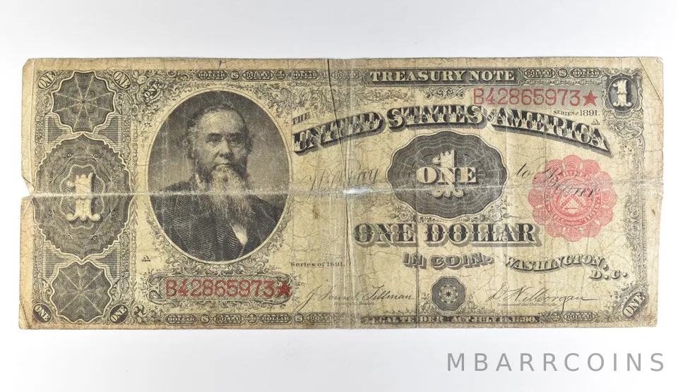 1891 $1 US Treasury Note Star Note Red Seal *1665