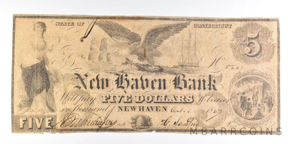 1847 $5 New Haven CT Obsolete Note *0252