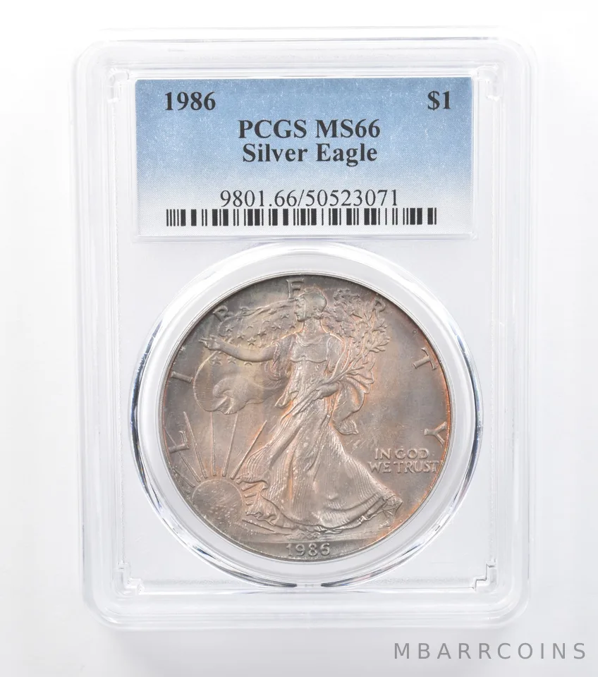 1986 American Silver Eagle MS66 PCGS Red/Blue Tone *7793