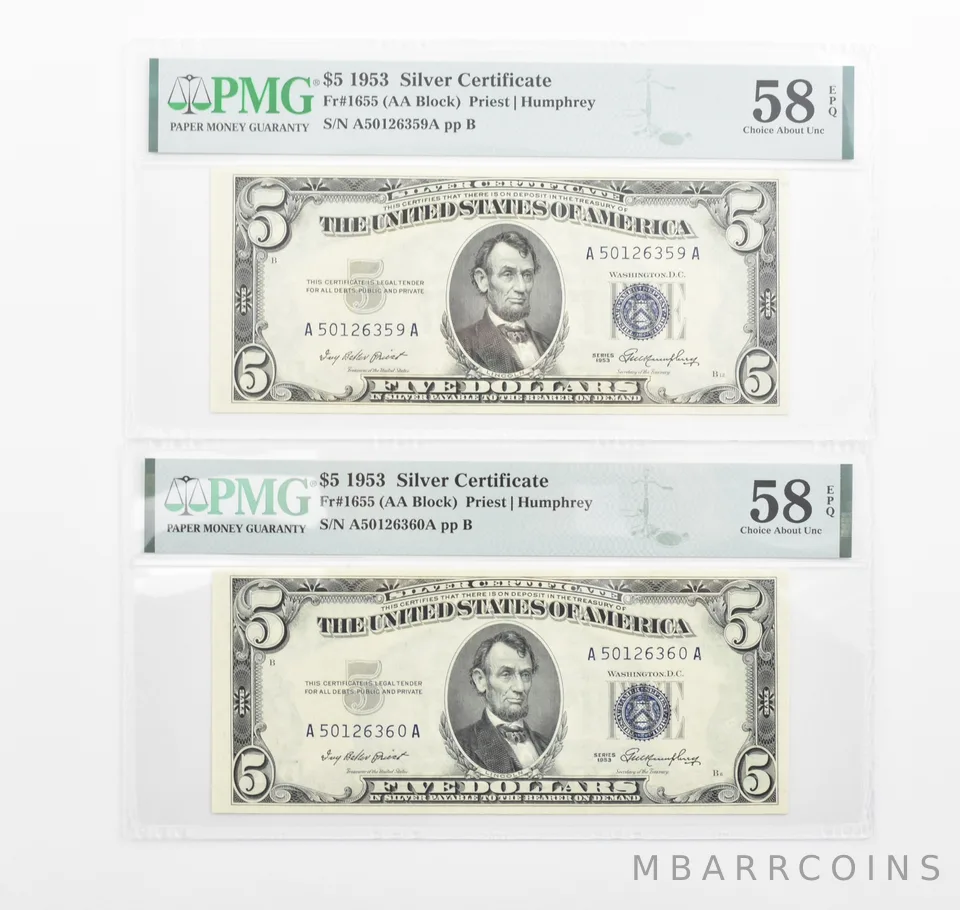 (2) PMG 58 AU EPQ 1953 $5 Silver Certificate Consecutive Notes Fr#1655 *1160