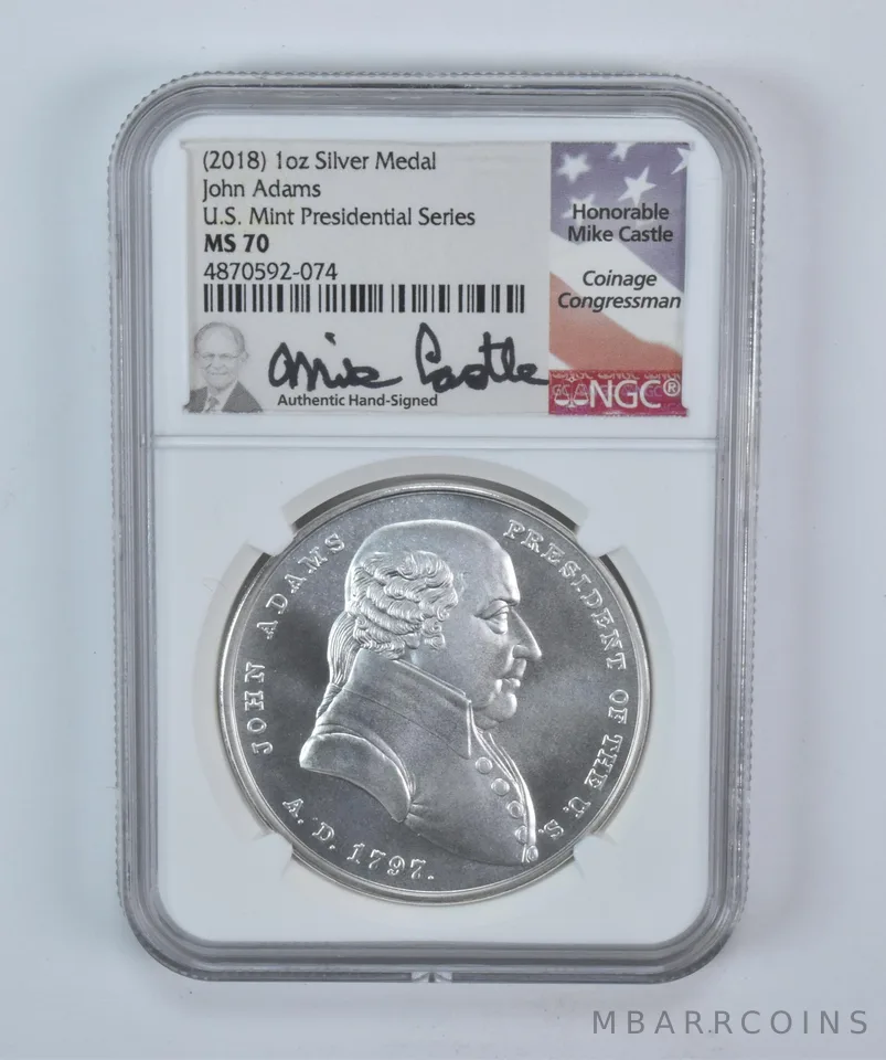 (2018) 1 Oz Silver Presidential Medal John Adams Mike Castle MS70 NGC a5721
