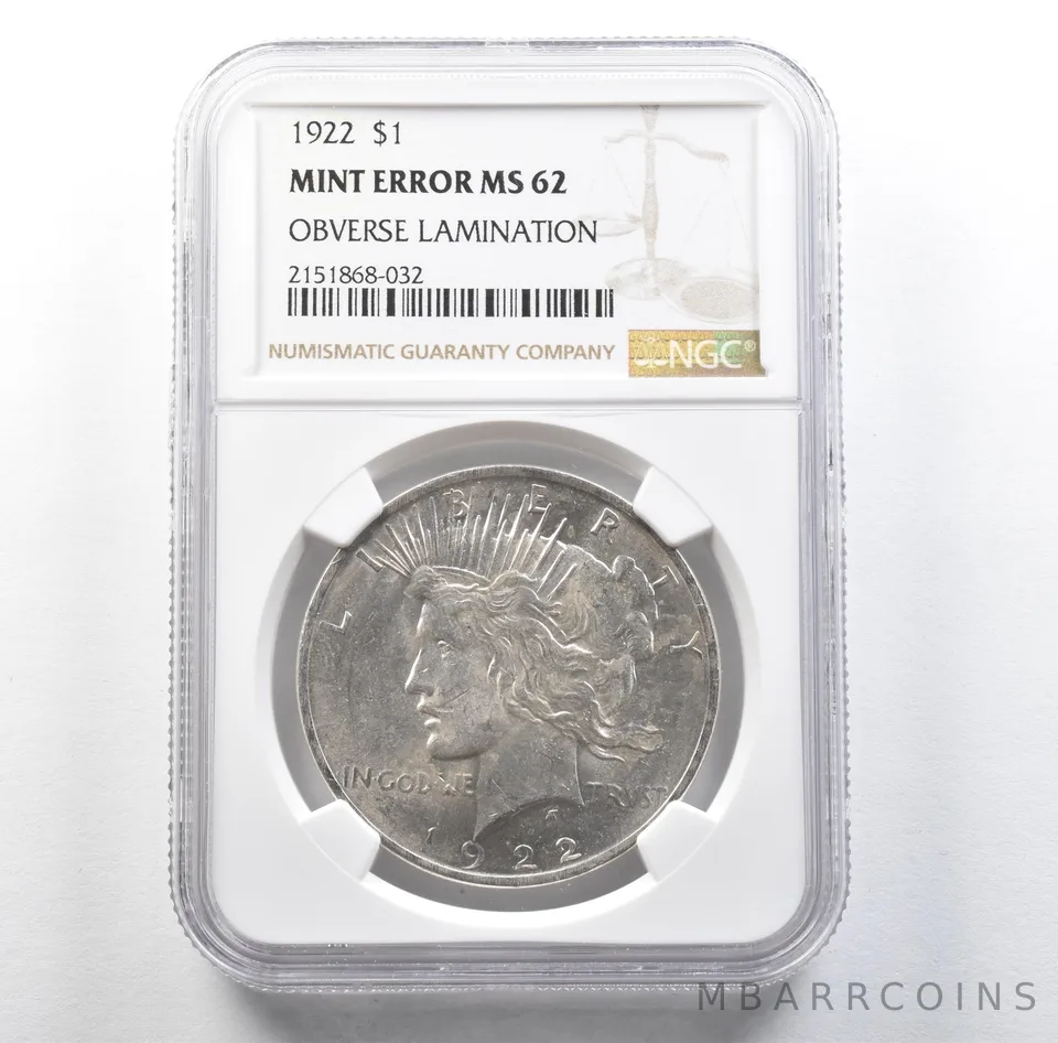 1922 Peace Silver Dollar Mint Error Obverse Lamination MS62 NGC *3132