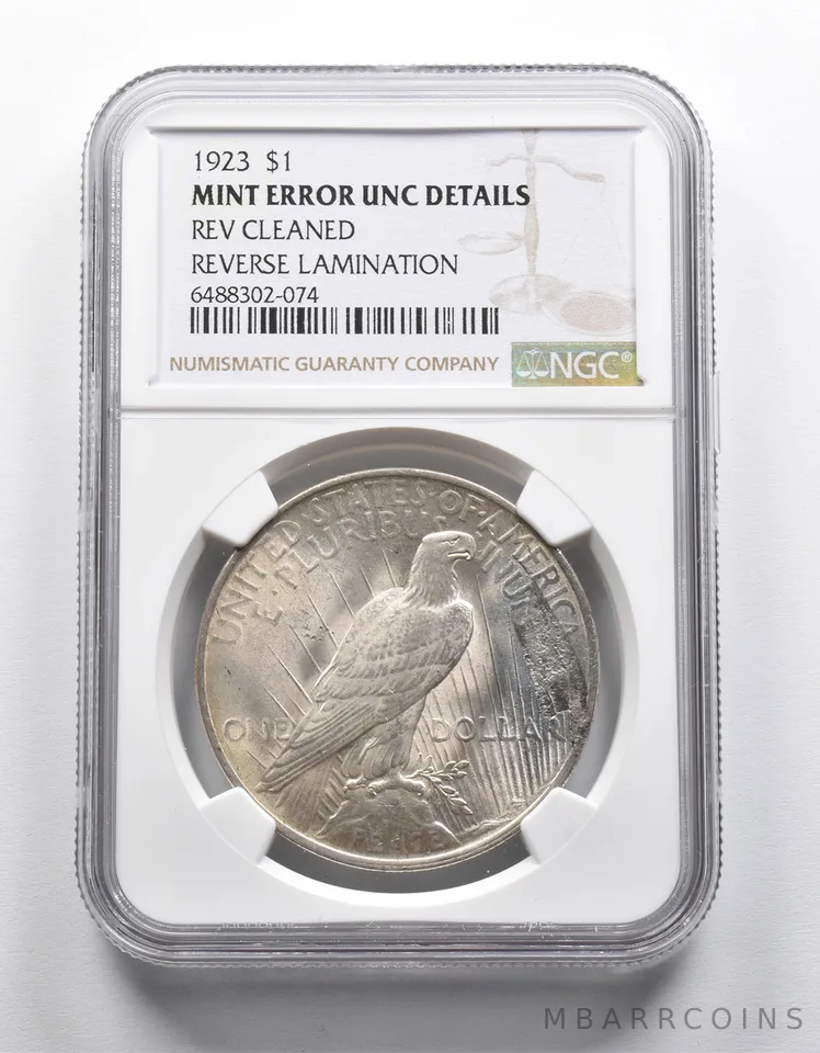 Mint Error UNC Details 1923 Peace Silver $1 REV Cleaned & Lamination NGC *1964