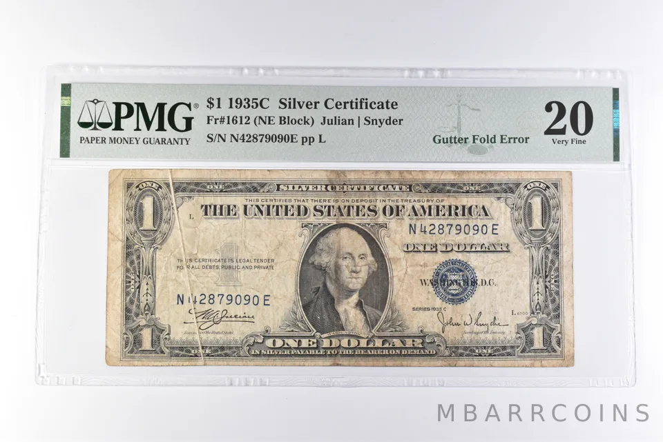 PMG 20 VF $1 1935C Silver Certificate Fr#1612 Gutter Fold Error *3087