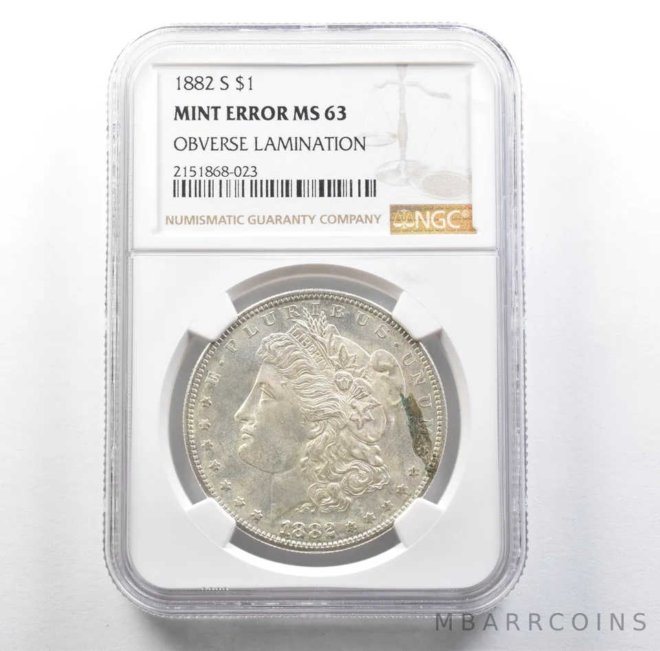 1882-S Morgan Silver Dollar Mint Error Obverse Lamination MS63 NGC *3138