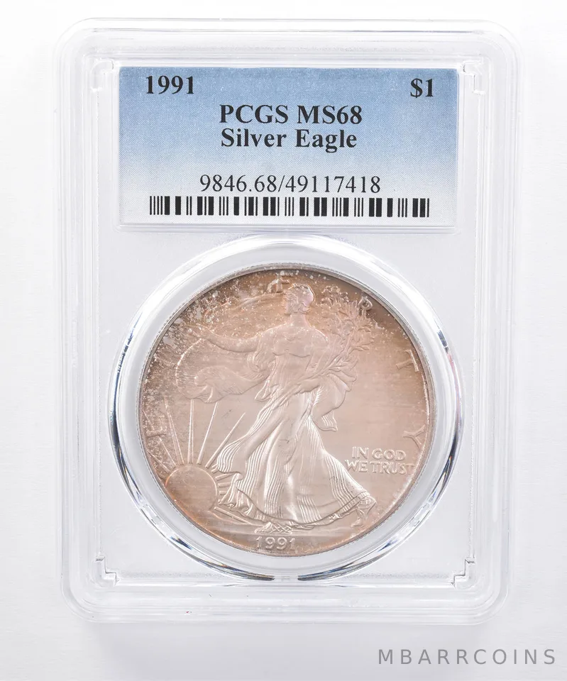 1991 American Silver Eagle MS68 PCGS Iridescent Tone *8488