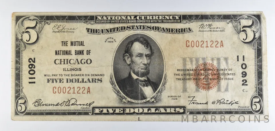 1929 $5 National Currency Note Chicago IL Ch#11092 *8527