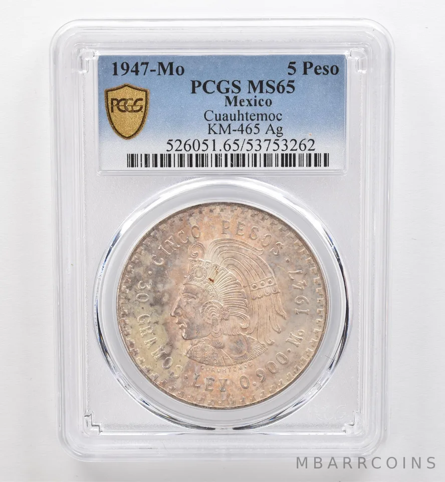 1947 Mo Mexico 5 Pesos Silver Cuauhtemoc KM-465 MS65 PCGS Beautiful Tone *9563