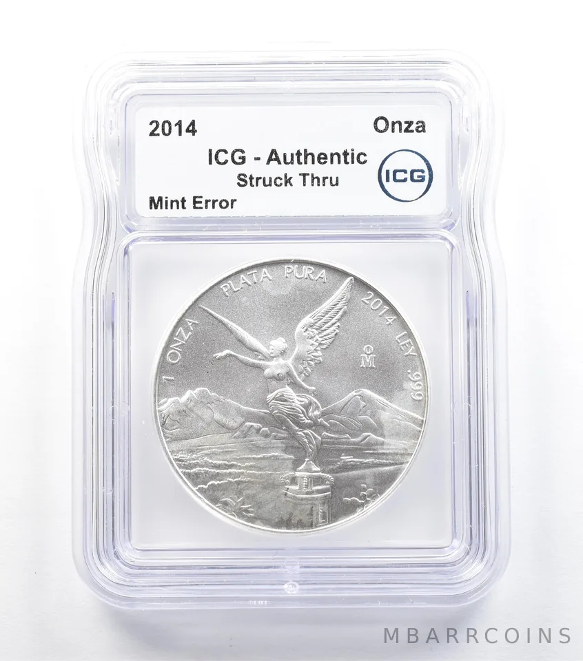 2014 Mo Mexico 1 Onza Silver Libertad Mint Error Struck Thru Authentic ICG *5048