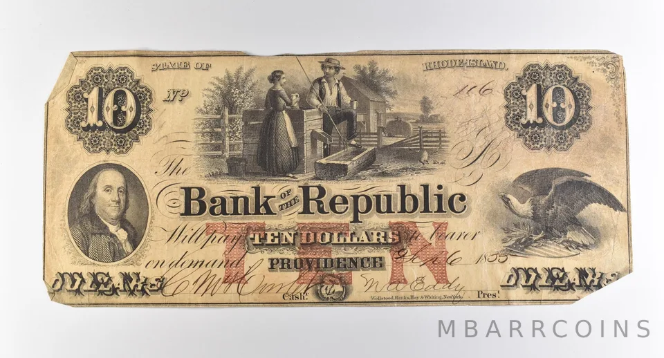 1855 $10 Providence RI Bank Of The Republic Obsolete Note *3767