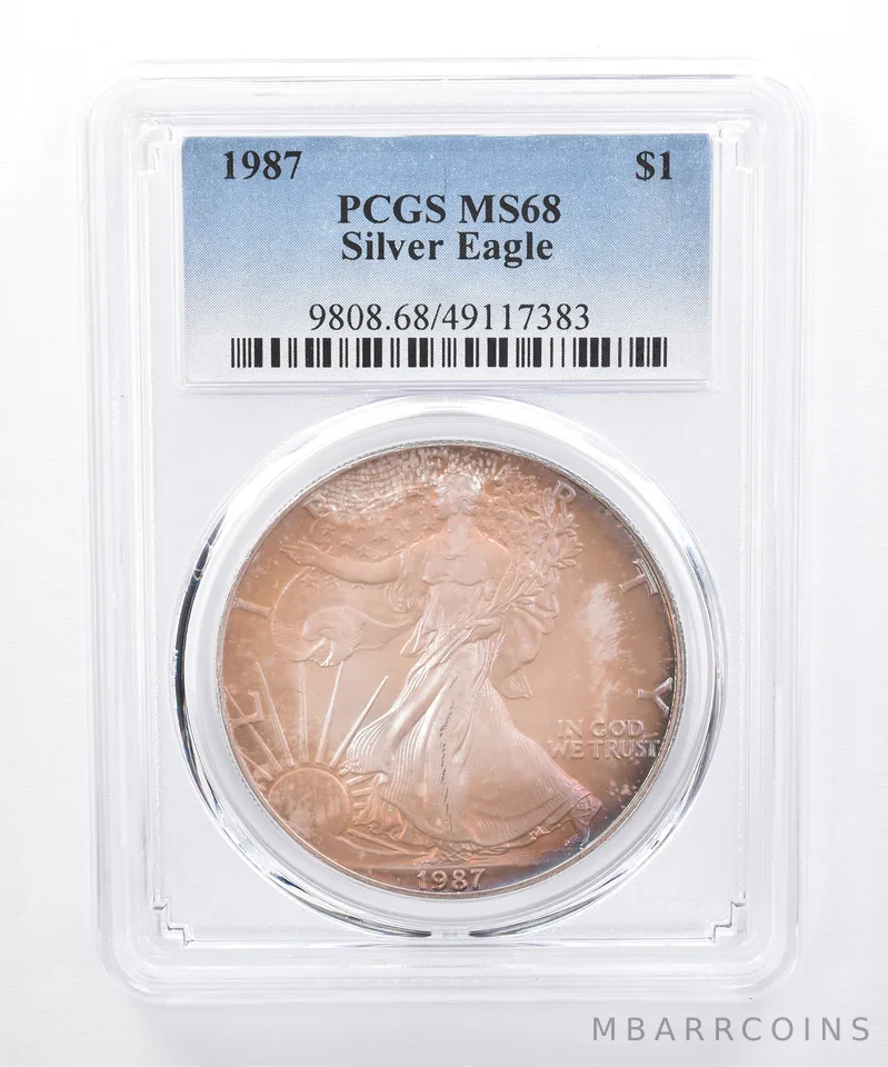 1987 American Silver Eagle MS68 PCGS Purple/Orange Tone *8484