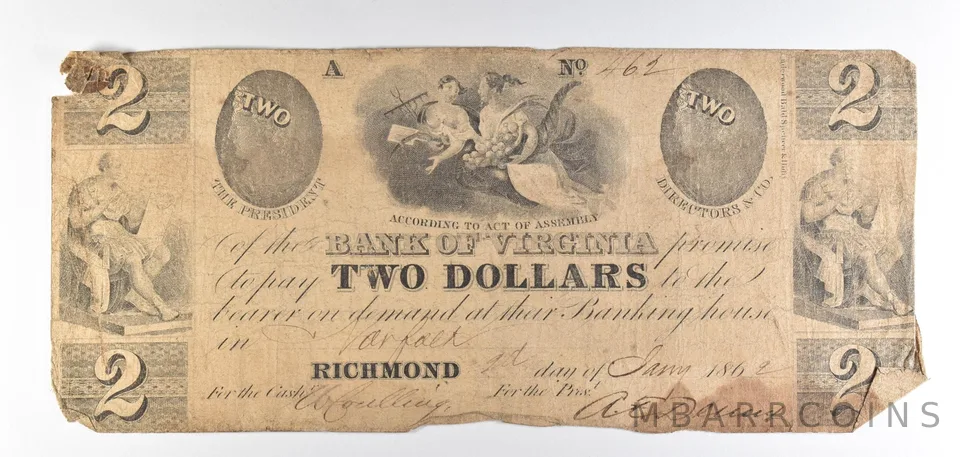 1862 $2 Richmond VA Bank Of Virginia Obsolete Note *8818