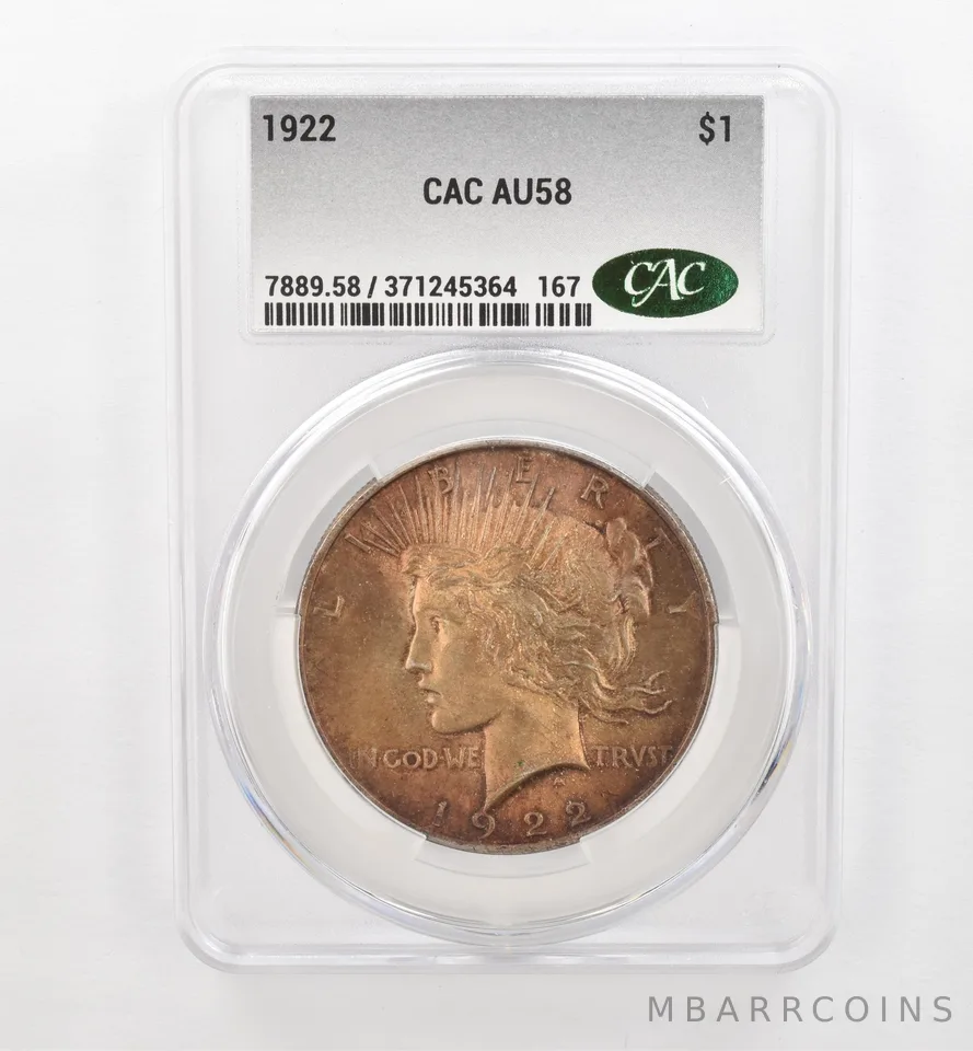 1922 Peace Silver Dollar AU58 CAC CACg Beautiful Tone *0493