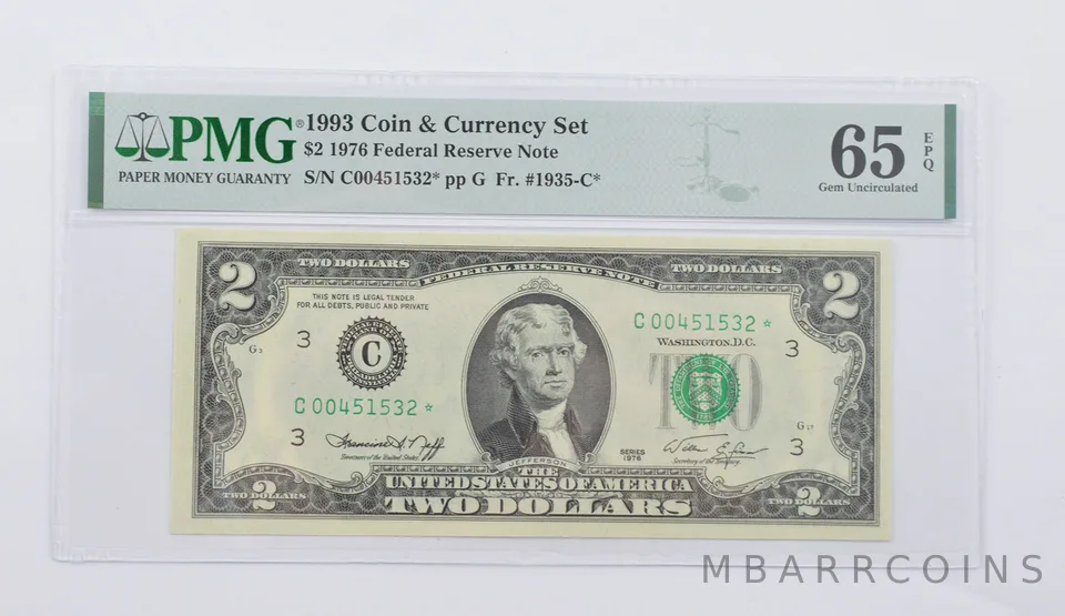 1976 $2 FR Note FR# 1935-C* 1993 Coin & Currency Set PMG 65 EPQ GEM UNC a1805