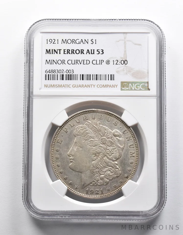 Mint Error AU53 1921 Morgan Silver Dollar Minor Curved Clip @12:00 NGC *1968