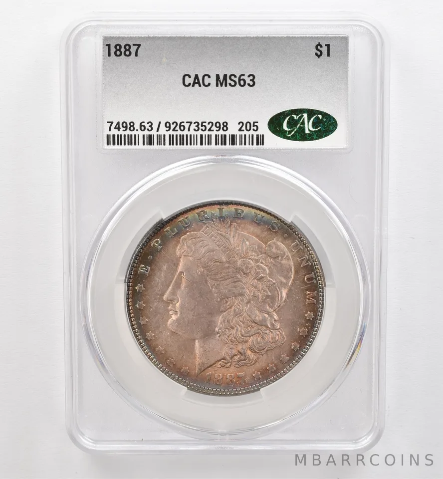 1887 Morgan Silver Dollar MS63 CAC CACg Beautiful Tone *9508